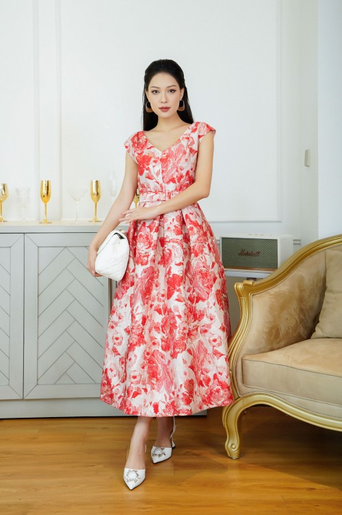 Sixdo Red Floral V-neck Midi Brocade Dress